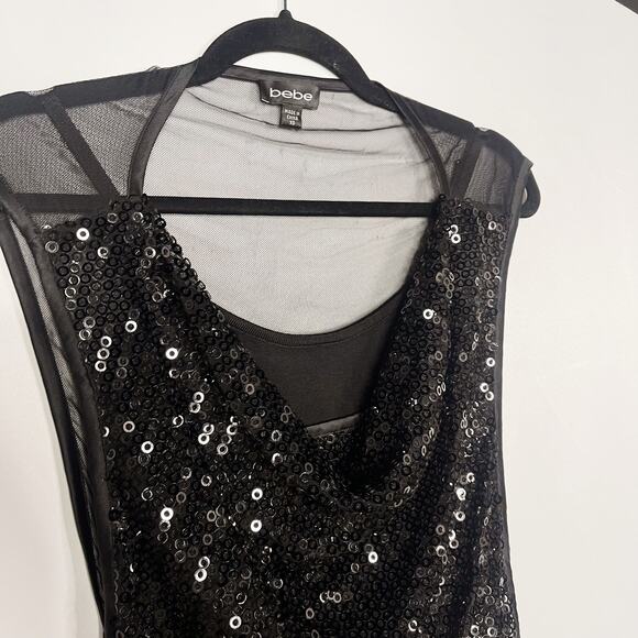 Bebe XSmall XS Black Sequin Layered Sheer Top Cowl Neck Built In Tank Camisole - Picture 3 of 9